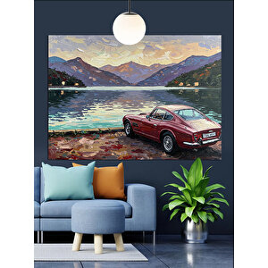 Göl Manzarasında Kırmızı Araba Dekoratif Kanvas - Mdf Ahşap Tablo 50x70 cm