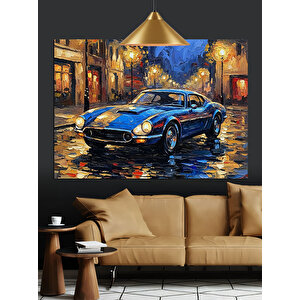 Yağmurlu Sokakta Mavi Araba Dekoratif Kanvas - Mdf Ahşap Tablo 70x100 cm