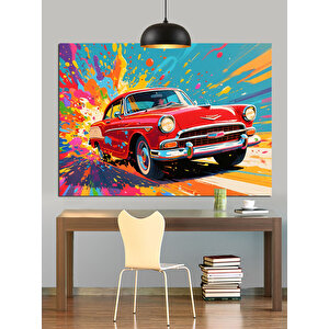 Renk Patlamalı Kırmızı Araba Dekoratif Kanvas - Mdf Ahşap Tablo 70x100 cm