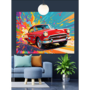 Renk Patlamalı Kırmızı Araba Dekoratif Kanvas - Mdf Ahşap Tablo