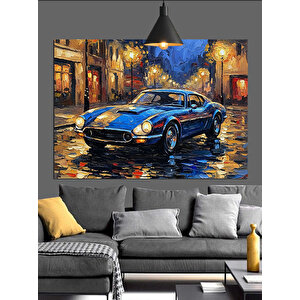 Yağmurlu Sokakta Mavi Araba Dekoratif Kanvas - Mdf Ahşap Tablo 70x100 cm