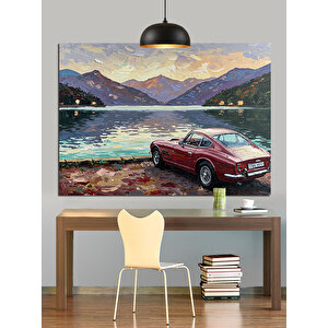 Göl Manzarasında Kırmızı Araba Dekoratif Kanvas - Mdf Ahşap Tablo 70x100 cm