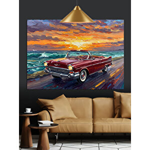 Kıyıda Kırmızı Araba Dekoratif Kanvas - Mdf Ahşap Tablo 70x100 cm