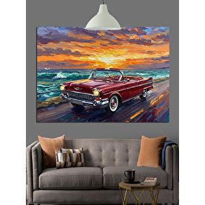Kıyıda Kırmızı Araba Dekoratif Kanvas - Mdf Ahşap Tablo 70x100 cm
