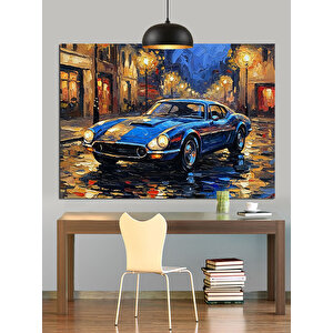 Yağmurlu Sokakta Mavi Araba Dekoratif Kanvas - Mdf Ahşap Tablo