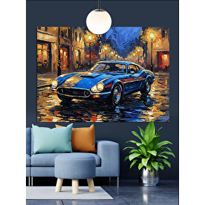 Yağmurlu Sokakta Mavi Araba Dekoratif Kanvas - Mdf Ahşap Tablo