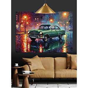 Yağmurlu Sokakta Eski Araba Dekoratif Kanvas - Mdf Ahşap Tablo