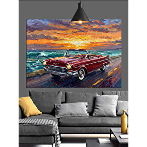 Kıyıda Kırmızı Araba Dekoratif Kanvas - Mdf Ahşap Tablo 70x100 cm