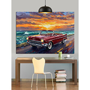 Kıyıda Kırmızı Araba Dekoratif Kanvas - Mdf Ahşap Tablo