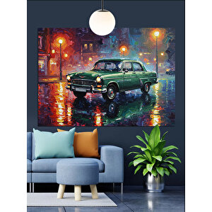 Yağmurlu Sokakta Eski Araba Dekoratif Kanvas - Mdf Ahşap Tablo