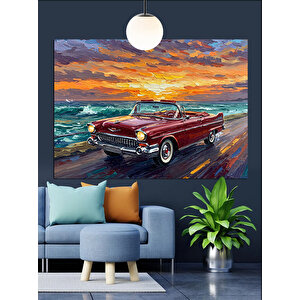 Kıyıda Kırmızı Araba Dekoratif Kanvas - Mdf Ahşap Tablo