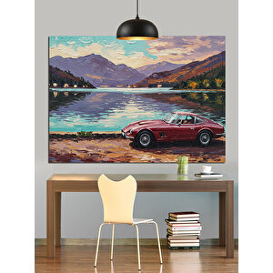 Dağ Manzaralı Kırmızı Araba Dekoratif Kanvas - Mdf Ahşap Tablo