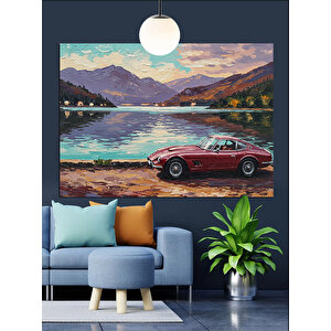 Dağ Manzaralı Kırmızı Araba Dekoratif Kanvas - Mdf Ahşap Tablo