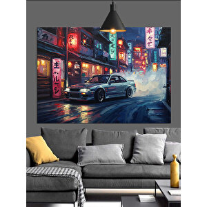 Gece Işıklarında Spor Araba Dekoratif Kanvas - Mdf Ahşap Tablo 25x35 cm