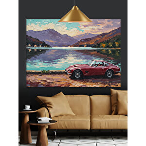 Dağ Manzaralı Kırmızı Araba Dekoratif Kanvas - Mdf Ahşap Tablo 35x50 cm