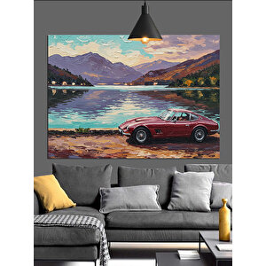 Dağ Manzaralı Kırmızı Araba Dekoratif Kanvas - Mdf Ahşap Tablo 35x50 cm