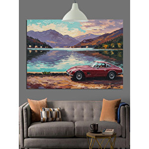 Dağ Manzaralı Kırmızı Araba Dekoratif Kanvas - Mdf Ahşap Tablo 35x50 cm
