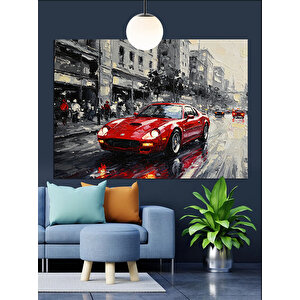 Yağmurlu Kırmızı Araba Dekoratif Kanvas - Mdf Ahşap Tablo