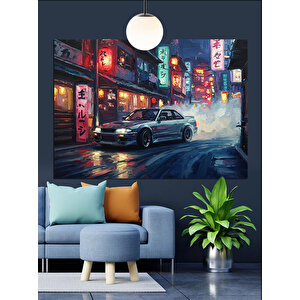 Gece Işıklarında Spor Araba Dekoratif Kanvas - Mdf Ahşap Tablo 70x100 cm