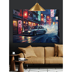 Gece Işıklarında Spor Araba Dekoratif Kanvas - Mdf Ahşap Tablo 70x100 cm