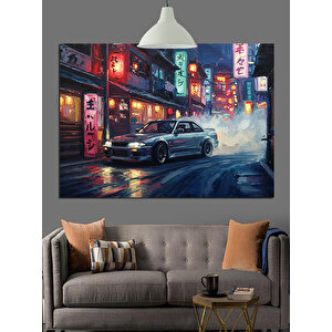Gece Işıklarında Spor Araba Dekoratif Kanvas - Mdf Ahşap Tablo