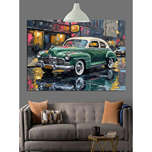 Neon Işıklarla Klasik Araba Dekoratif Kanvas - Mdf Ahşap Tablo 70x100 cm
