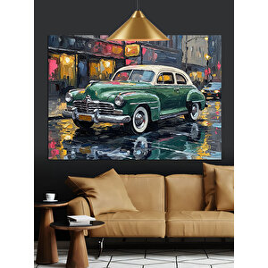 Neon Işıklarla Klasik Araba Dekoratif Kanvas - Mdf Ahşap Tablo