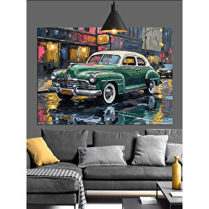 Neon Işıklarla Klasik Araba Dekoratif Kanvas - Mdf Ahşap Tablo