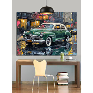 Neon Işıklarla Klasik Araba Dekoratif Kanvas - Mdf Ahşap Tablo 35x50 cm