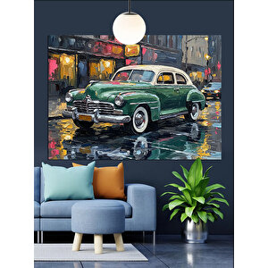 Neon Işıklarla Klasik Araba Dekoratif Kanvas - Mdf Ahşap Tablo 35x50 cm