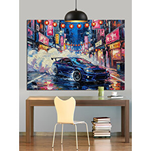 Gece Şehrinde Yarış Arabası Dekoratif Kanvas - Mdf Ahşap Tablo