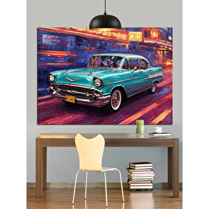 Mavi Retro Araba Dekoratif Kanvas - Mdf Ahşap Tablo 70x100 cm