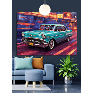 Mavi Retro Araba Dekoratif Kanvas - Mdf Ahşap Tablo 70x100 cm