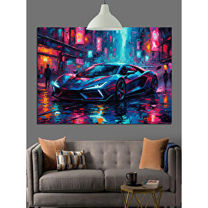 Renkli Işıkta Spor Araba Dekoratif Kanvas - Mdf Ahşap Tablo 70x100 cm