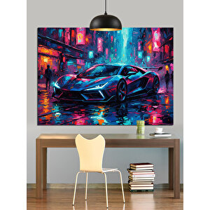Renkli Işıkta Spor Araba Dekoratif Kanvas - Mdf Ahşap Tablo