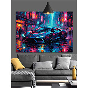 Renkli Işıkta Spor Araba Dekoratif Kanvas - Mdf Ahşap Tablo 50x70 cm