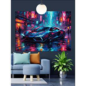 Renkli Işıkta Spor Araba Dekoratif Kanvas - Mdf Ahşap Tablo