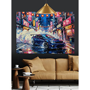 Gece Şehrinde Yarış Arabası Dekoratif Kanvas - Mdf Ahşap Tablo 35x50 cm