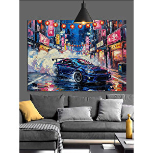 Gece Şehrinde Yarış Arabası Dekoratif Kanvas - Mdf Ahşap Tablo 35x50 cm
