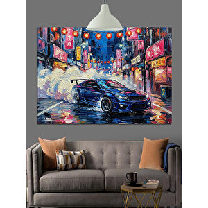 Gece Şehrinde Yarış Arabası Dekoratif Kanvas - Mdf Ahşap Tablo 35x50 cm