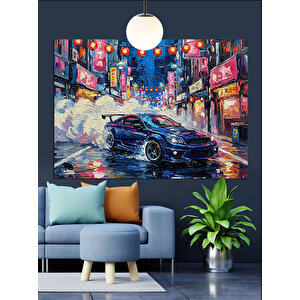 Gece Şehrinde Yarış Arabası Dekoratif Kanvas - Mdf Ahşap Tablo