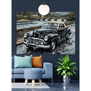 Nehir Kenarında Klasik Araba Dekoratif Kanvas - Mdf Ahşap Tablo 25x35 cm