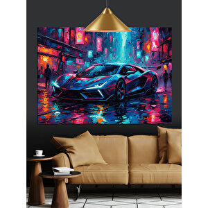 Renkli Işıkta Spor Araba Dekoratif Kanvas - Mdf Ahşap Tablo 70x100 cm
