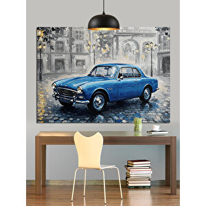 Yağmurlu Sokakta Mavi Araba Dekoratif Kanvas - Mdf Ahşap Tablo