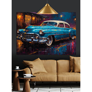 Gece Sokakta Klasik Araba Dekoratif Kanvas - Mdf Ahşap Tablo 70x100 cm