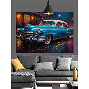 Gece Sokakta Klasik Araba Dekoratif Kanvas - Mdf Ahşap Tablo 35x50 cm