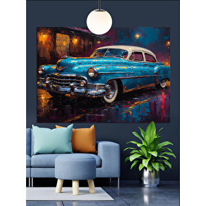 Gece Sokakta Klasik Araba Dekoratif Kanvas - Mdf Ahşap Tablo 70x100 cm