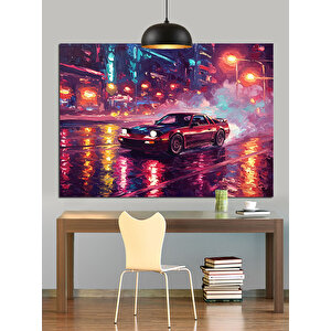 Neon Işıklı Spor Araba Dekoratif Kanvas - Mdf Ahşap Tablo