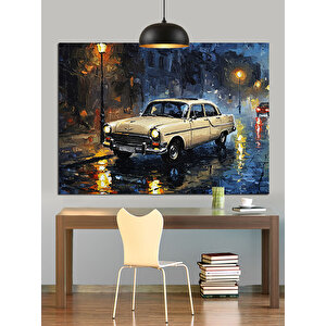 Yağmurlu Sokakta Beyaz Araba Dekoratif Kanvas - Mdf Ahşap Tablo 50x70 cm
