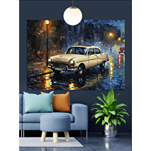 Yağmurlu Sokakta Beyaz Araba Dekoratif Kanvas - Mdf Ahşap Tablo 50x70 cm